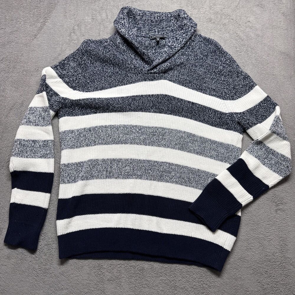 XL Men's Express Cotton Sweater Blue/White Horizontal Stripes Shawl Collar Large